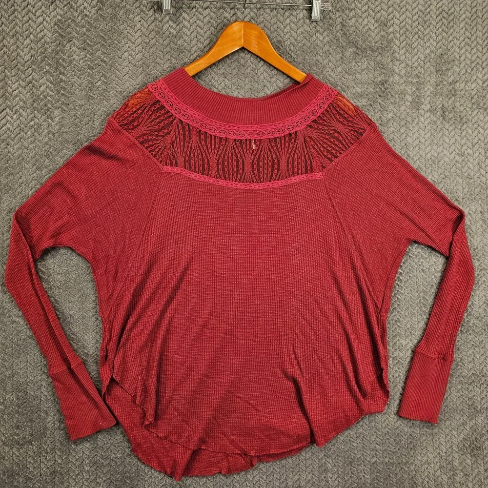 Free‎ People Berry Red Waffle Knit Thermal Lace Yoke Dolman Sleeve Top Small